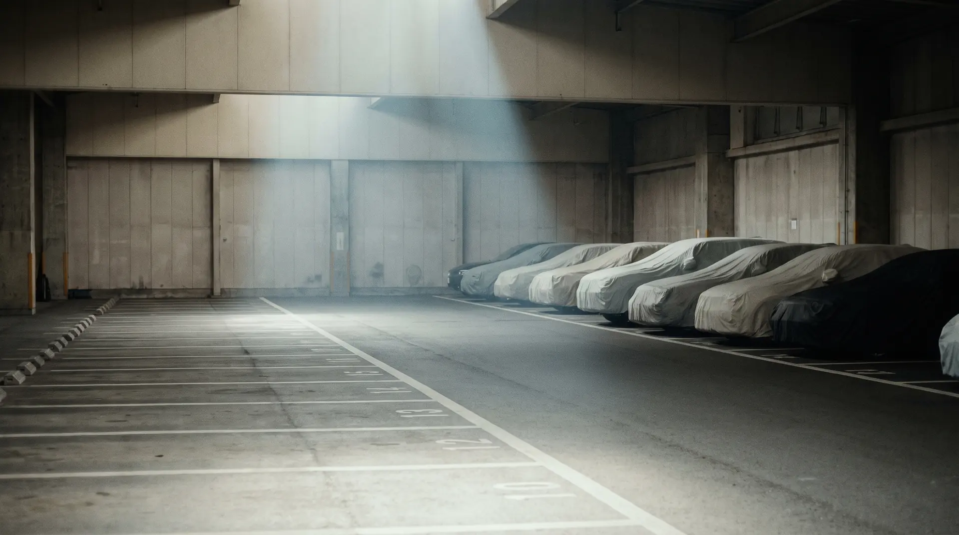 Empty numbered lanes in a Japanese vehicle auction house at dawn, with cars parked under dust covers at the far end
