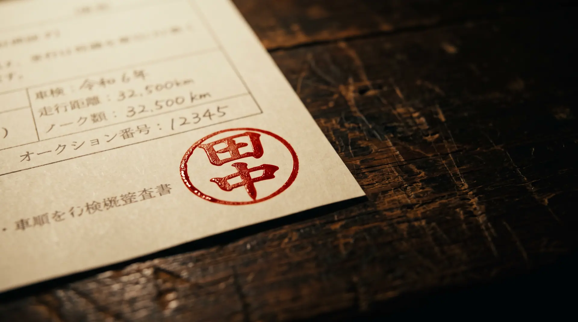 A vermilion hanko seal pressed onto a Japanese vehicle auction inspection sheet