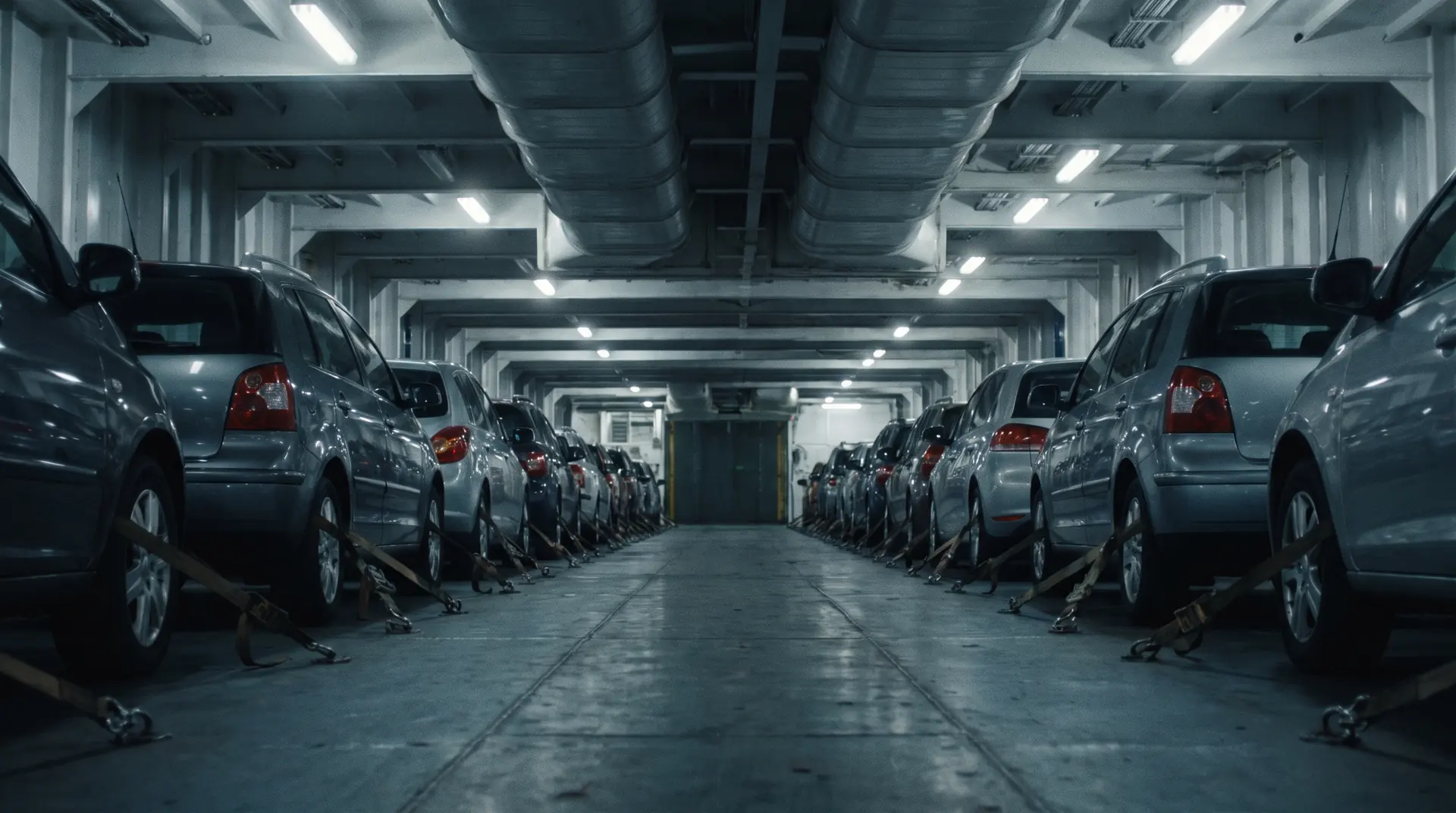 Rows of cars lashed down on the enclosed vehicle deck of a car carrier at sea