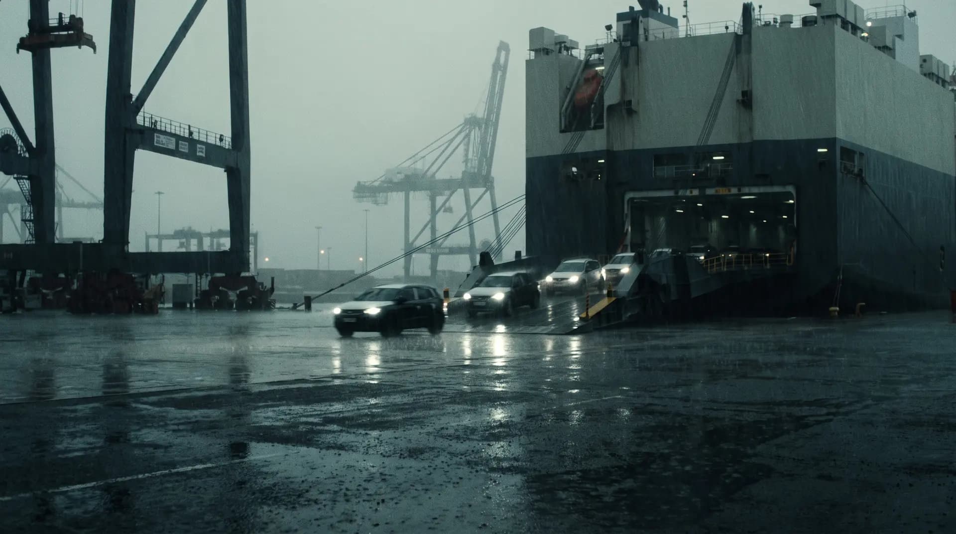 Cars being driven down the stern ramp of a car carrier onto a wet British dock in heavy rain