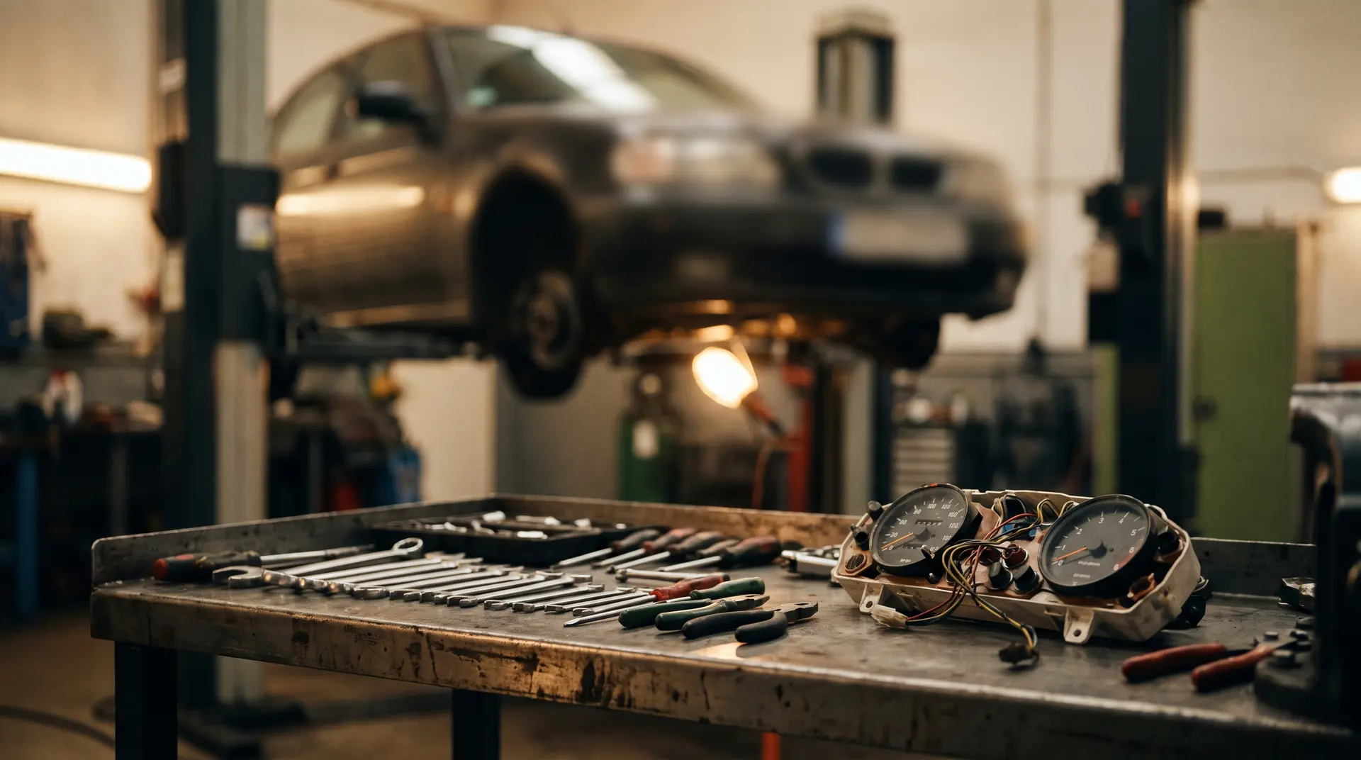 Hand tools and an instrument cluster on a workshop bench, with a car raised on a lift behind