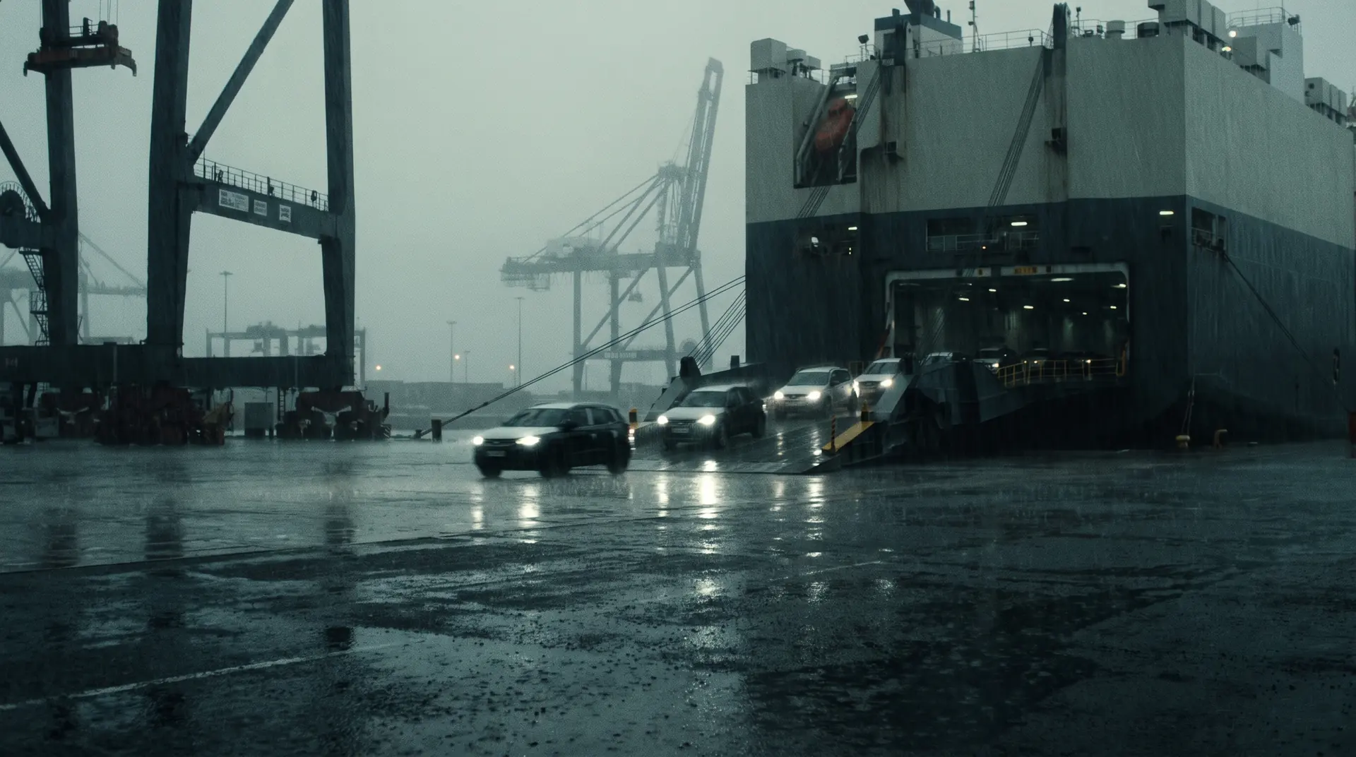 Cars being driven down the stern ramp of a car carrier onto a wet British dock in heavy rain